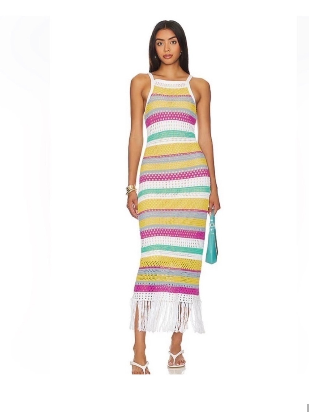 525 America Multicolor Striped Crochet Maxi Dress with Fringe